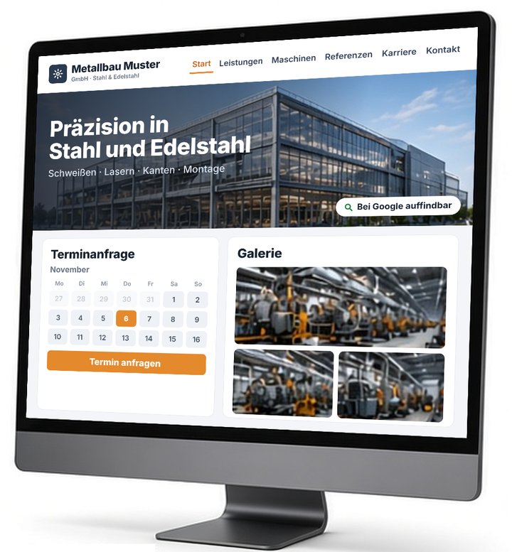 Beispiel Paket Erweitert: Webseite eines Metallbaubetriebs mit Menü für mehrere Seiten, Titelbild, Terminanfrage mit Kalender, Bildergalerie und Hinweis „Bei Google auffindbar“