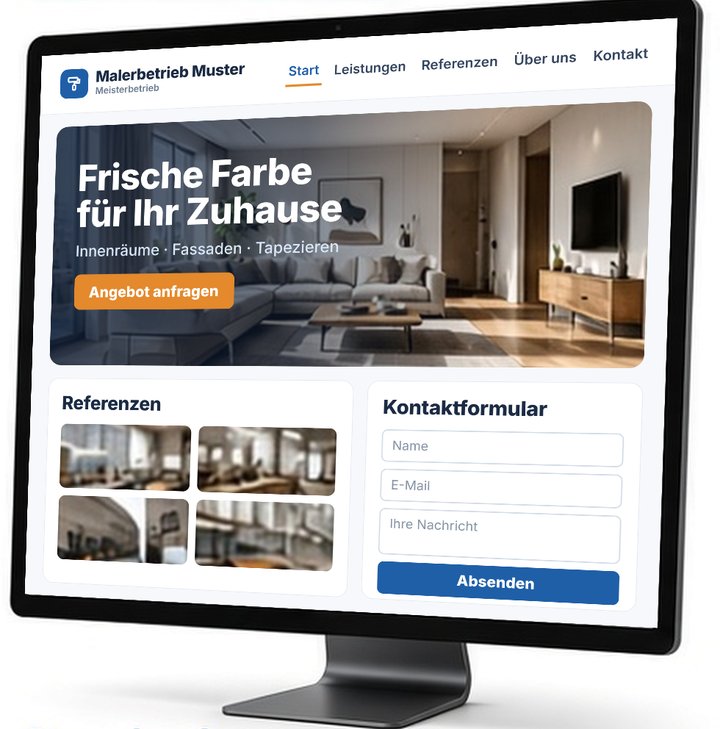 Beispiel Paket Standard: Webseite eines Malerbetriebs mit Menü Start, Leistungen, Referenzen, Über uns und Kontakt, großem Titelbild, Referenzfotos und Kontaktformular